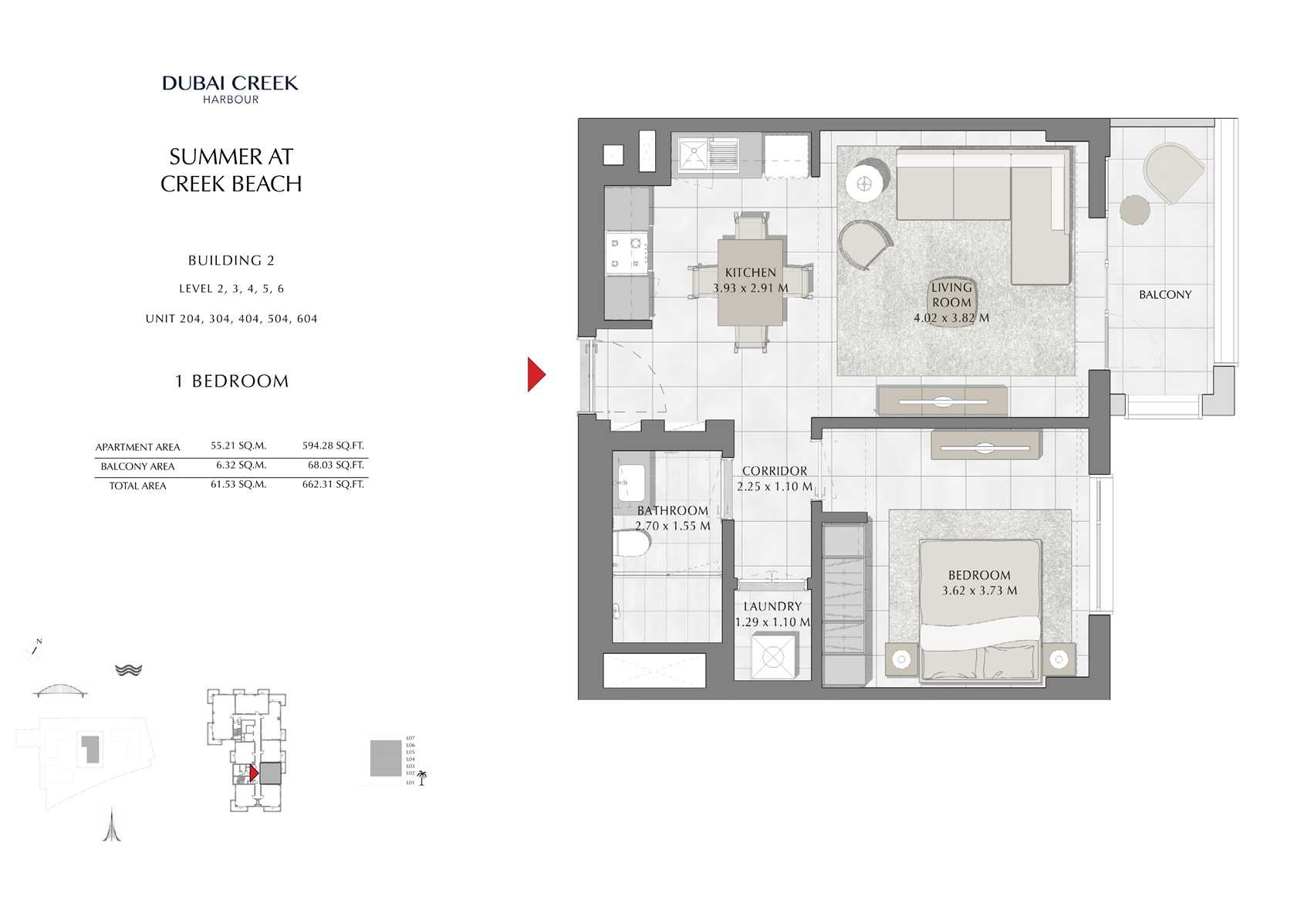 1 Br Building 2 Level-2-3-4-5-6 Unit-204-304-404-504-604, Size 662 Sq Ft